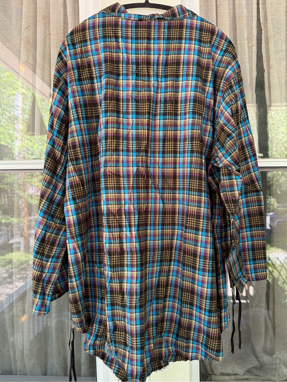 Savage X Fenty Brown and Blue Plaid Lace-Up Sleeve Button-Down Shirt - Picture 2 of 4
